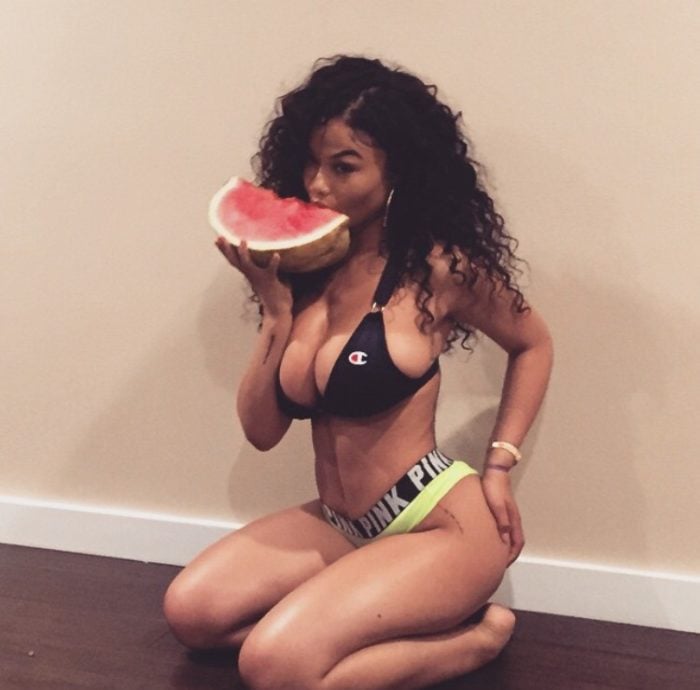 The curvy India Love eating a watermelon in her underwear