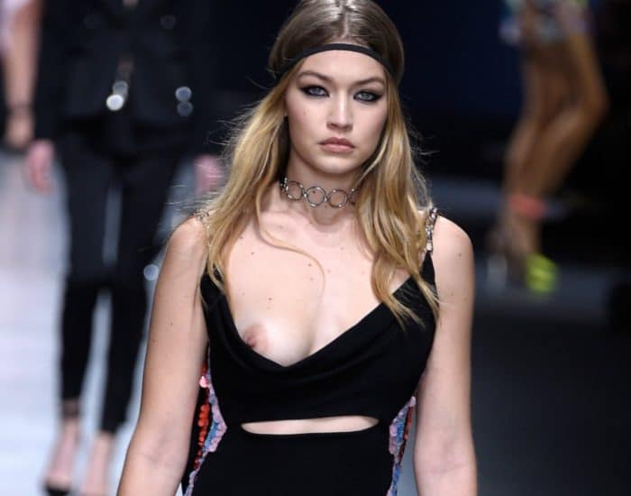 Model Gigi Hadid suffers nip slip at Versace show in Milan Italy