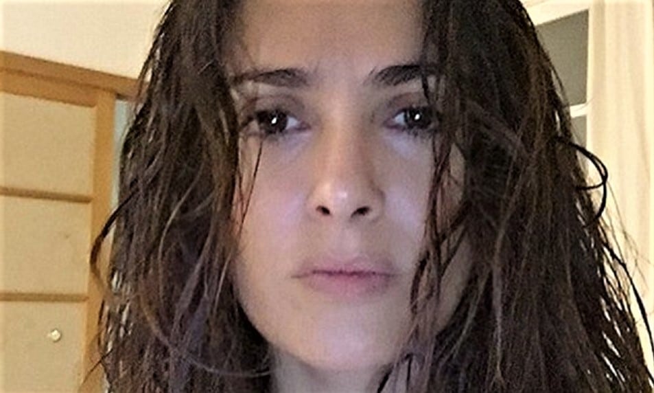 Selfie photo of Salma Hayek with curly hair