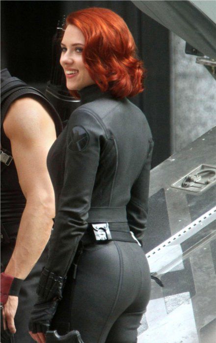 Scarlett Johansson on the set of the Avengers in her Black Widow outfit