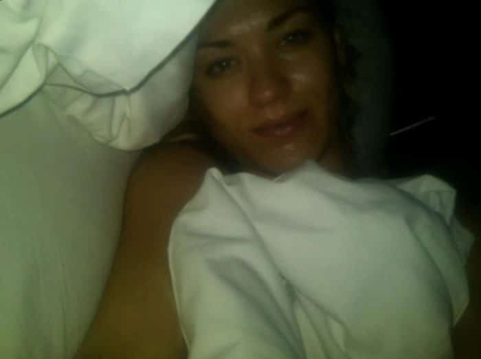 Yvonne Strahovski selfie in bed covered in sheets